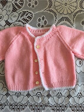 Pink Baby Knit Cardigan Sweater with White Trim